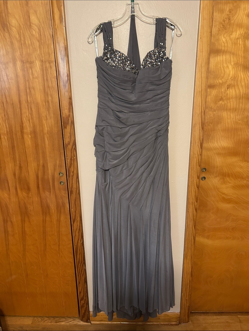 Rina diMontella Gray Beaded Ruched Evening Gown